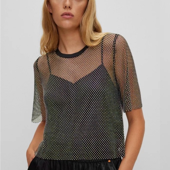 Endless Blu Sparkle Mesh Crewneck Short Sleeve Blouse - Picture 1 of 8